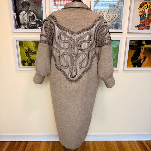 Vintage 80s Statement Taupe Wool & Leather Maxi Coat w/ Ornate Braided Trim - Picture 2 of 16